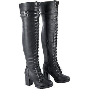 Women's Black Over The Knee Zip Buckle Soft Thigh High Lace Up Tall Boots